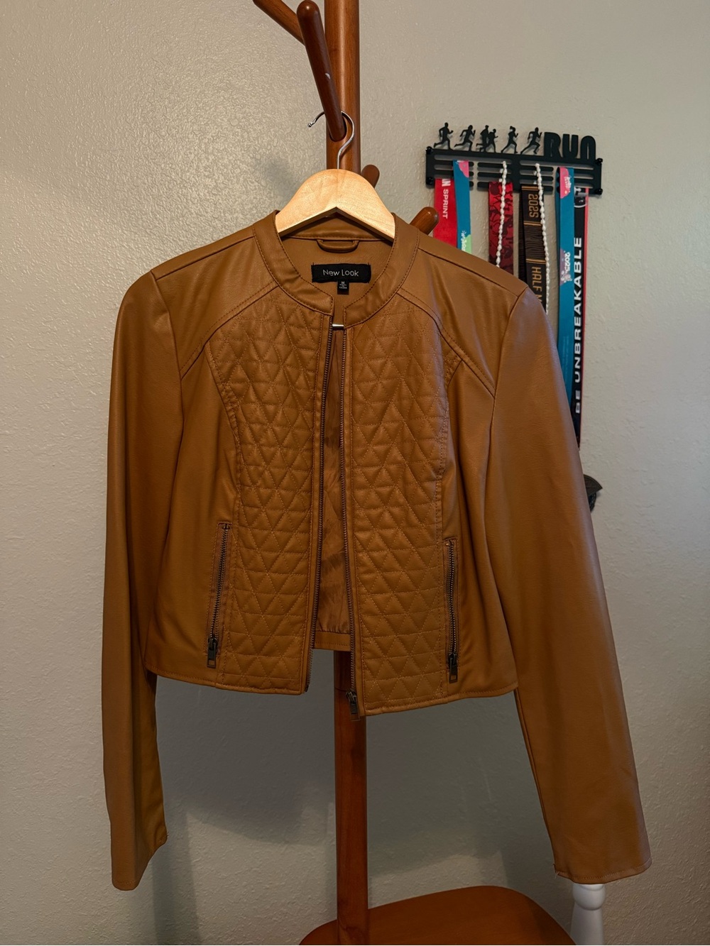 New Look Tan Quilted Faux Leather Cropped Jacket